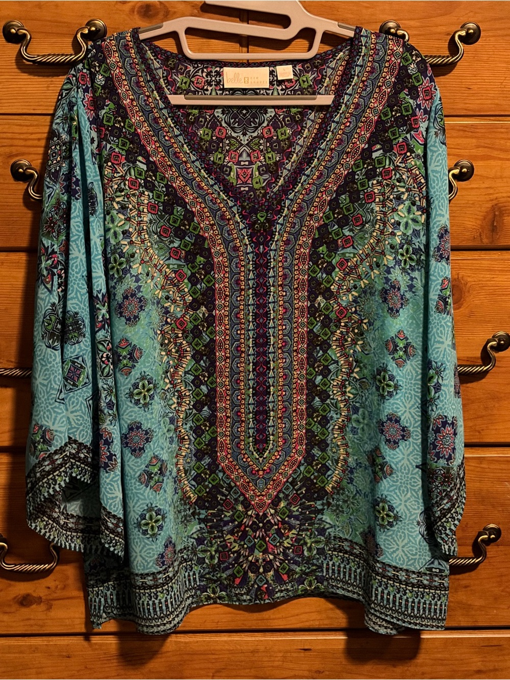 Belle by Kim Gravel Turquoise Multicolor Embroidered-Print V-Neck Tunic